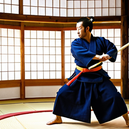 Home 7 **Image Prompt 1: Dynamic Warm-up**
A Kendo practitioner, dressed in a keikogi, performing dynamic warm-up exercises in a traditional dojo. The scene shows movement and energy, with actions like light jogging, large arm circles, or leg swings. The atmosphere is focused and preparatory, indicating the start of an intense training session, with good lighting highlighting the active motion.