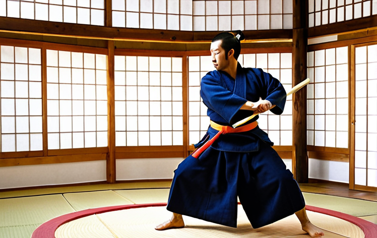 **Image Prompt 1: Dynamic Warm-up**
A Kendo practitioner, dressed in a keikogi, performing dynamic warm-up exercises in a traditional dojo. The scene shows movement and energy, with actions like light jogging, large arm circles, or leg swings. The atmosphere is focused and preparatory, indicating the start of an intense training session, with good lighting highlighting the active motion.