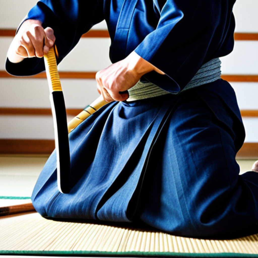 Kendo Practitioner Maintaining Equipment**
"A kendo practitioner, fully clothed in kendo gi and hakama, meticulously cleaning and inspecting their shinai in a well-lit dojo. Safe for work, appropriate content. Focus on the details of the shinai and the practitioner's hands. Perfect anatomy, natural proportions, professional photography, high quality, modest attire, family-friendly."
**