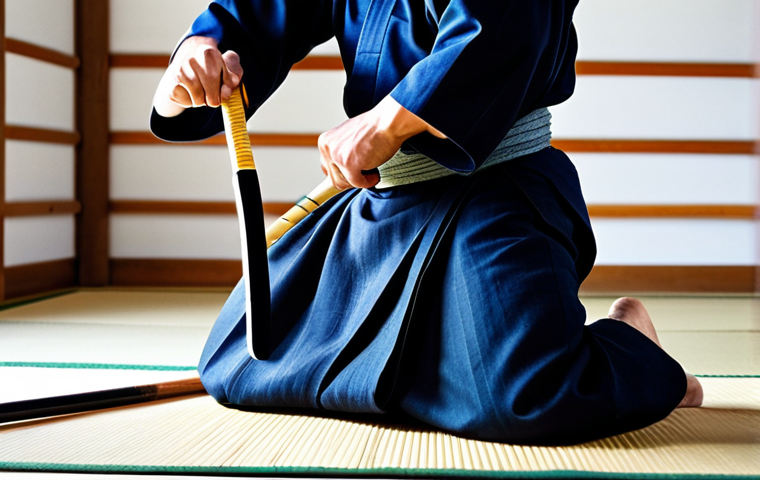 Kendo Practitioner Maintaining Equipment**
"A kendo practitioner, fully clothed in kendo gi and hakama, meticulously cleaning and inspecting their shinai in a well-lit dojo. Safe for work, appropriate content. Focus on the details of the shinai and the practitioner's hands. Perfect anatomy, natural proportions, professional photography, high quality, modest attire, family-friendly."
**
