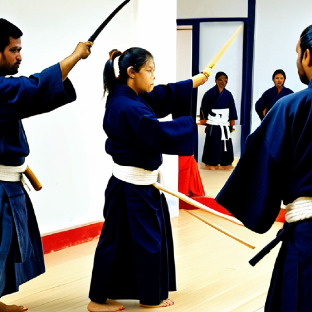 **
A Kendo class at Bengal Kendo Club in Kolkata. Students are practicing with shinai, fully clothed in Kendo gear (bogu). The dojo has a friendly atmosphere. Safe for work, appropriate content, professional, modest, family-friendly, perfect anatomy, natural proportions, well-formed hands, proper finger count, natural body proportions, professional photography, high quality.
**