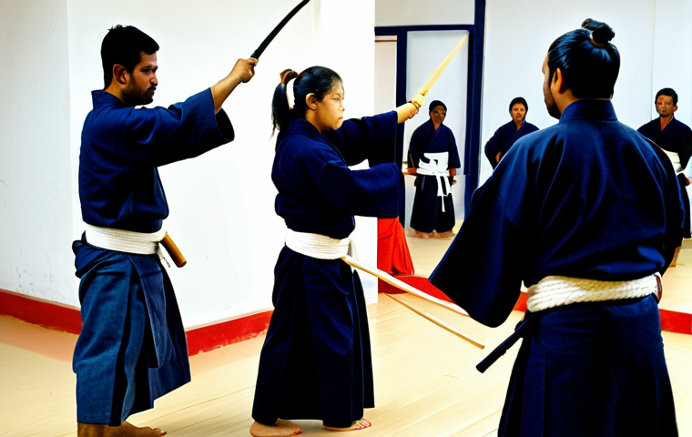 **
A Kendo class at Bengal Kendo Club in Kolkata. Students are practicing with shinai, fully clothed in Kendo gear (bogu). The dojo has a friendly atmosphere. Safe for work, appropriate content, professional, modest, family-friendly, perfect anatomy, natural proportions, well-formed hands, proper finger count, natural body proportions, professional photography, high quality.
**