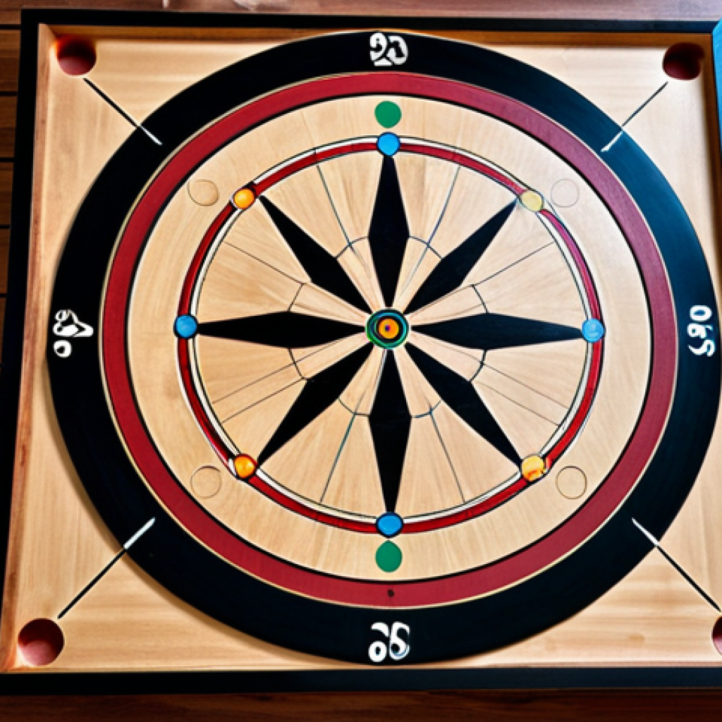 Carrom Board and Equipment Still Life**
"A close-up, overhead shot of a beautiful wooden Carrom board with pieces arranged for play, a G-Star striker resting nearby, fully clothed, appropriate content, safe for work, perfect anatomy (for the hands subtly placing the striker), natural proportions, professional product photography, well-lit, family-friendly, showing the rich colors and textures of the wood and pieces, modest setup, no people visible, showcasing the equipment, professional."
**