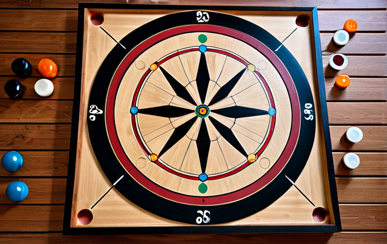 Carrom Board and Equipment Still Life**
"A close-up, overhead shot of a beautiful wooden Carrom board with pieces arranged for play, a G-Star striker resting nearby, fully clothed, appropriate content, safe for work, perfect anatomy (for the hands subtly placing the striker), natural proportions, professional product photography, well-lit, family-friendly, showing the rich colors and textures of the wood and pieces, modest setup, no people visible, showcasing the equipment, professional."
**