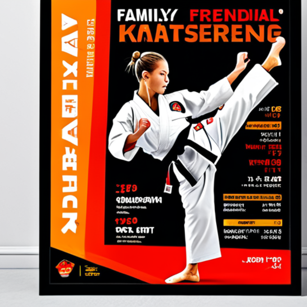 **
"A dynamic karate competition poster featuring a fully clothed karate athlete in mid-air executing a powerful kick, appropriate attire, professional stance, with vibrant red and orange color scheme, incorporating the event's date, time, and location in clear, bold fonts. Safe for work, perfect anatomy, natural proportions, professional photography, high quality, karate emblem in the background, family-friendly, modest."
**