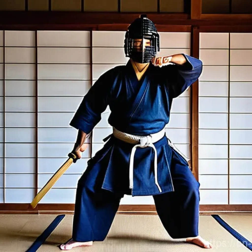 검도 선물 아이디어 - **Dynamic Kendo Training in a Traditional Dojo**
A focused adult male Kendo practitioner, mid-sw...