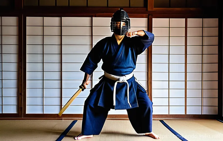 검도 선물 아이디어 - **Dynamic Kendo Training in a Traditional Dojo**
A focused adult male Kendo practitioner, mid-sw...