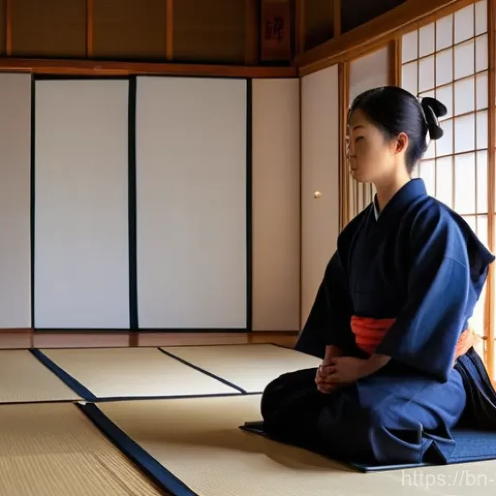 검도 고수의 습관 - **Prompt:** A serene and focused Kendo practitioner, male or female, sits in a traditional Japanese ...