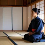 검도 고수의 습관 - **Prompt:** A serene and focused Kendo practitioner, male or female, sits in a traditional Japanese ...
