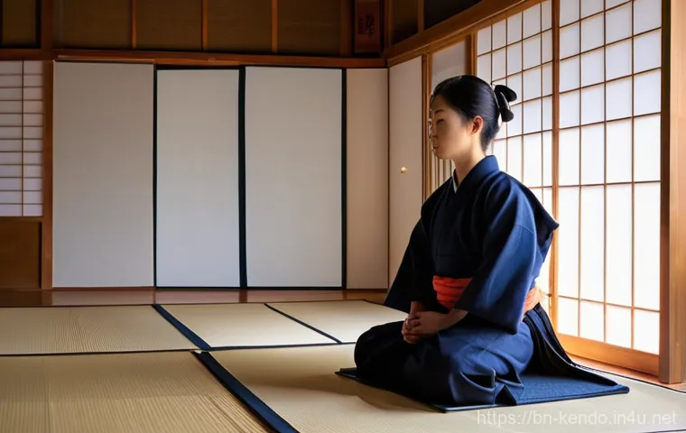 검도 고수의 습관 - **Prompt:** A serene and focused Kendo practitioner, male or female, sits in a traditional Japanese ...