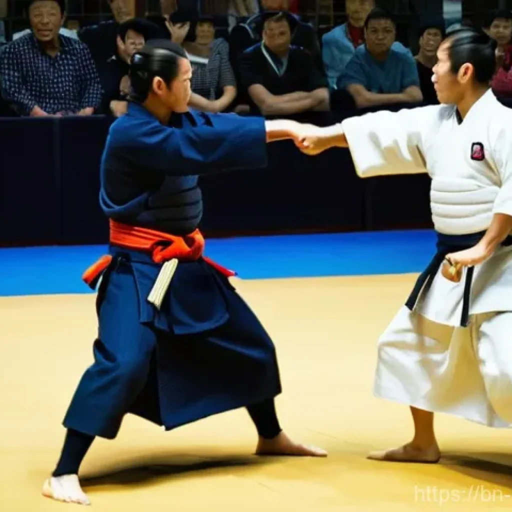 검도 글로벌 대회 일정 - **Prompt 1: Dynamic Kendo Match at a World Championship**
"Two highly skilled kendo practitioner...