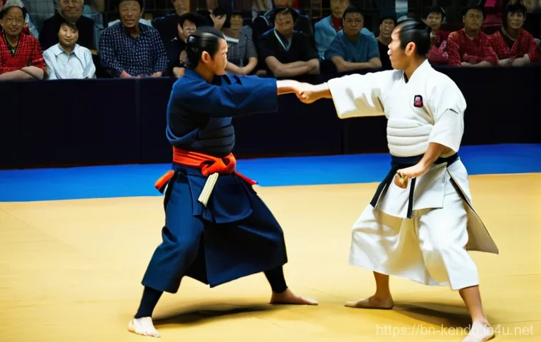 검도 글로벌 대회 일정 - **Prompt 1: Dynamic Kendo Match at a World Championship**
"Two highly skilled kendo practitioner...
