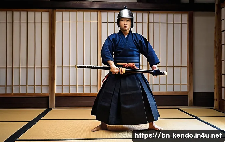 검도 관람 예절 - **Focused Kendoka in Traditional Dojo**
"A male or female Kendo practitioner, mid-twenties, wear...